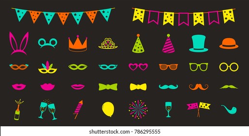 Collection of elements for birthday party, photo booth or carnival. Funny costumes. Vector.