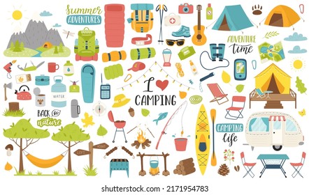 Una colección de elementos para acampar, viajar, caminatas, recreación al aire libre, picnic. Objetos gráficos para la reserva de recortes, afiches, banners, pegatinas, tarjetas. Ilustración vectorial plana aislada en blanco.