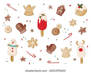 Collection of elements with Christmas sweet pastries. Isolated Vector Illustrations.