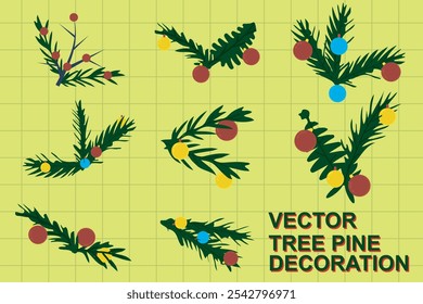 Collection of elements Christmas tree wreath borders and frame corners. Decorative fir branches, holly leaves and pine cones vector set.