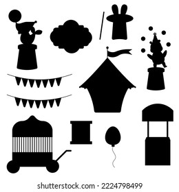 Collection of elements circus  silhouette. Tent, hare in a hat, fur seal, garland, ball, bear, ticket office