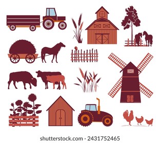 Collection of elements for countryside landscape and farming. Vector illustration. 