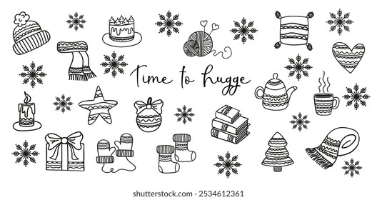 Sammlung von Elementen eines gemütlichen Hauses. Das Konzept von Komfort und Gemütlichkeit. Skandinavischer Hygge-Stil. Schwarz-Weiß-Symbole im Doodle-Stil.