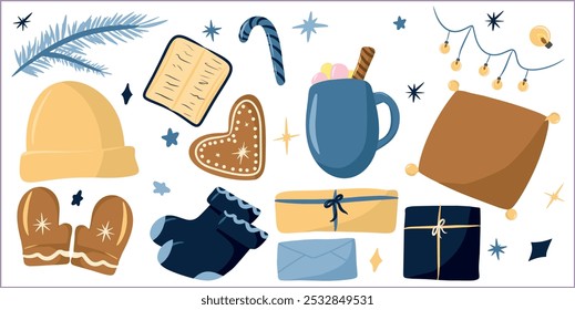 Collection of elements cozy winter, hygge set with winter elements isolated on a white background, New Year and Christmas gifts, knitted hat, socks, mittens, delicious drink, gingerbread, pillow