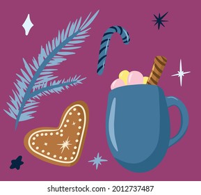 A collection of elements cozy winter, a set of hygge with winter elements, delicious coffee, hot chocolate, branch of a fir tree, garland in the loft style, cartoon illustration, clipart, gingerbread