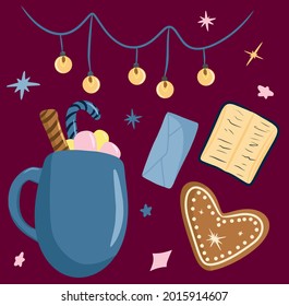 A collection of elements cozy winter, a set of hygge with winter elements, delicious coffee, hot chocolate, branch of a fir tree, garland in the loft style, cartoon illustration, clipart, gingerbread