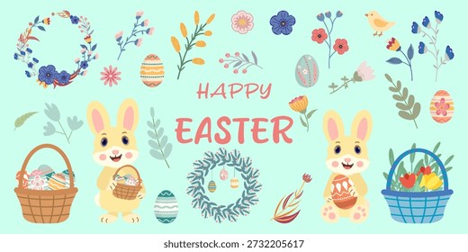 Colección de Elementos Conejitos lindos, huevos coloridos, flores de primavera, coronas de Pascua, cesta con flores de huevos Perfecto para tarjetas de vacaciones, invitaciones, decoraciones, diseños de niños Feliz conjunto de Pascua