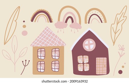 collection of elements with cute houses, a set of illustrations with rainbows and botanical elements, delicate colors, cartoon houses, a simple and cute style, printing on notebooks, wallpaper 