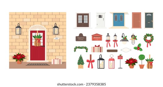 Collection of elements for decorating front door. Set includes Christmas tree, wreath, street lights, signs, garland. Exterior concept for house. Cartoon flat style. Vector illustration