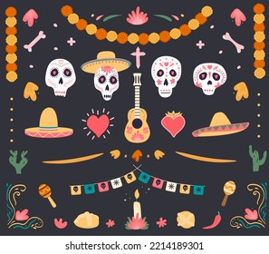 Collection Of Elements For Dia De Los Muertos. Symbols For Mexican Holiday Day Of The Dead Set. Mariachi Musical Instrument, Calavera Sugar Skulls. Decorative Marigold Flower Garland And Altar. Vector