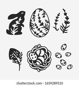 Collection of elements of Easter decor. Illustrations are designed for stamps, logos.