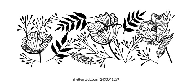 Colección con elementos de hojas y flores exóticas. Fondo botánico de vector dibujado a mano.  Ilustración de tinta negra con motivo floral.