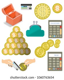 Collection of elements of financial relations. Coins, a bank card, a purse, a chest, a calculator and more. Vector set