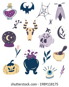 Collection of elements for Halloween. Big witch magic design set. Skull, potion, pumpkin, cauldron, eyes, bat, moth, flowers. For tattoo, textile, cards, Halloween decor. Vector illustrations.