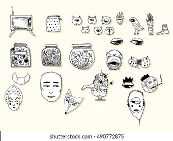 Collection elements for Halloween. Set. Line art. Drawing by hand. Doodle.