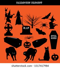a collection of elements for halloween in a simple black silhouette style