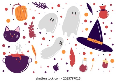 Collection of elements for Halloween, a witch's hat, cute ghosts, a witch's cauldron with a potion, black cat's face, set of leaves, leaf fall, cozy candle, autumn cartoon illustration, vector