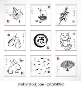 Collection of elements hand-drawn with ink in traditional Japanese style sumie. Bamboo, maneki neko. fishes, rabbit, enso zen circle etc. Sealed with hieroglyphs "luck", "happiness" and "well-being". 