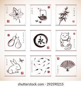 Collection of elements hand-drawn with ink in traditional Japanese style sumie. Bamboo, maneki neko. fishes, rabbit etc. Sealed with hieroglyphs "luck", "happiness" and "eternity". 