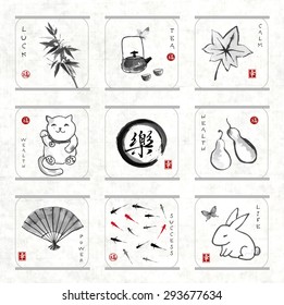 Collection of elements hand-drawn with ink in traditional Japanese style sumie. Bamboo, maneki neko. fishes, rabbit, enso zen circle etc. Sealed with hieroglyphs "luck", "happiness" and "well-being". 