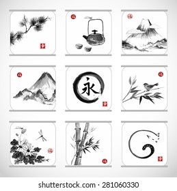 Collection of elements hand-drawn in traditional Japanese style sumie. Bamboo , birds, mountains, flowers, dragonflies, zen circle etc. Sealed with hieroglyphs "luck", "happiness" and "eternity". 