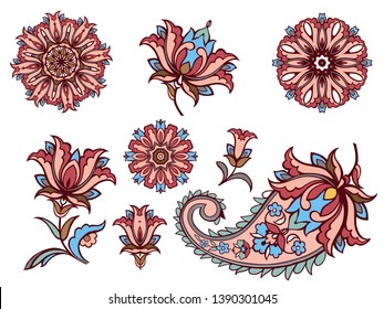 Collection of Elements of Indian ornament, paisley, mandala. Vector illustration.