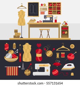 Collection of elements for knitting and sewing. Vector illustration of atelier. Set of objects: knitted ball, sewing machine, mannequin, thread, iron, button, needles, hanger. Handmade theme.