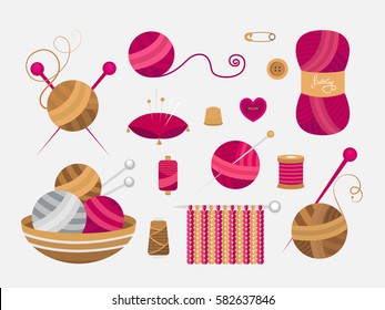 Collection of elements for knitting and sewing. Vector illustration of atelier. Set of objects: knitted ball, thread, button, needles, wool. Handmade theme.