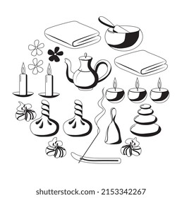  Collection of elements for massage and meditation. Set of spa salon accessories - hot stones, massage oil, rolled up towels, cartoon vector illustration on white background. Doodle
