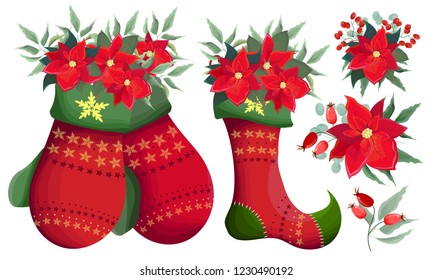 Collection of elements for new year design. Christmas socks, mittens, poinsettia, bouquets. All elements are isolated.