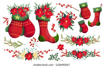 Collection of elements for new year design. Christmas socks, mittens, poinsettia, borders, bouquets. All elements are isolated.