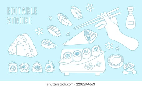 Collection of elements on the theme of the sushi bar. Maki, nigiri, rolls, onigiri, temaki, wasabi, ginger, soy sauce. Editable Stroke