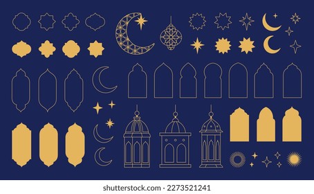 Collection of elements in the oriental style of Ramadan Kareem and Eid Mubarak, Islamic windows,  arches, stars and moon, mosque doors, mosque domes and lanterns.