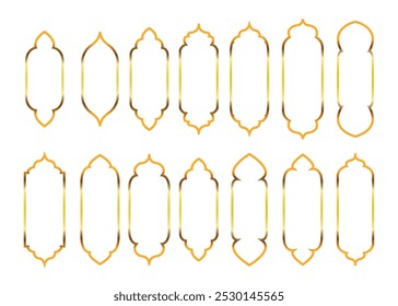 Sammlung von Elementen im orientalischen Stil von Ramadan Kareem und Eid Mubarak, islamische Fenster, Bögen, Türen, Moschee Kuppeln.