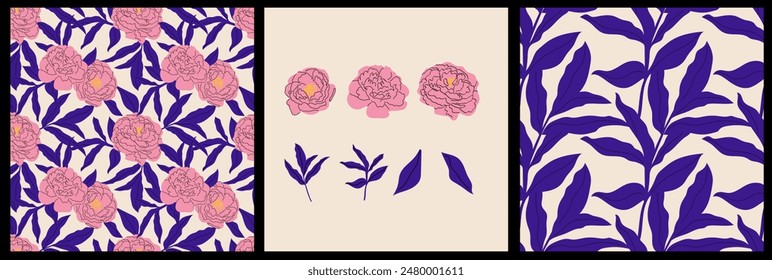 
Collection of elements and patterns with peony. Vector seamless patterns with pink flowers. Vector peony with leaves isolated on background.