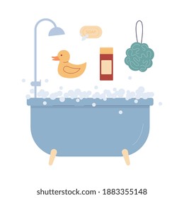 Collection of elements for personal hygiene, cleanliness and care body in cozy domestic bathroom. Flat cartoon vector illustration on a white background.