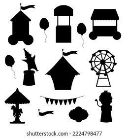 Collection of elements pink circus silhouette. Tent, clown, ticket office, lion