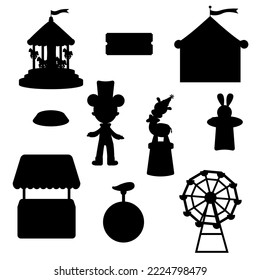 Collection of elements pink circus silhouette. Tent, toy, carousel, tickets