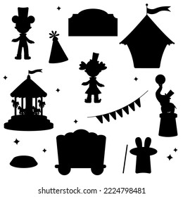 Collection of elements pink circus silhouette. Tent, clown, doll, elephant, garland, carousel, hare