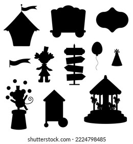 Collection of elements pink circus silhouette. Tent, monkey, doll, carousel, cap, ball, pointer