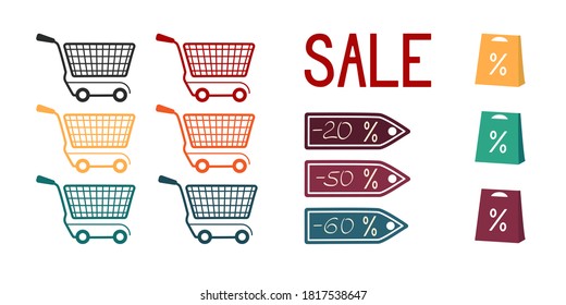 Colección de elementos para ventas. El establecimiento cuenta con carritos de compras, etiquetas de descuento y bolsas de compras. Concepto de descuento. Aislado en la ilustración de white.Vector.