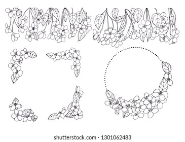 Collection of elements for spring design. Wreaths, branches and borders of flowers of apple. Vector illustration