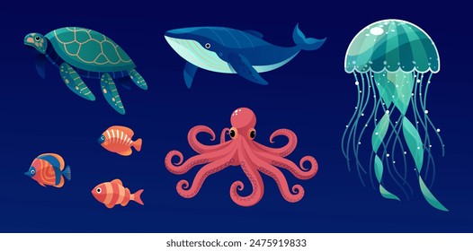 Collection of elements such as octopus, tropical fish, whale, jellyfish, and sea turtle.