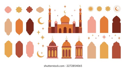 Collection of elements, symbols and icons in the oriental style of Ramadan Kareem and Eid Mubarak. Islamic windows and  arches, mosque, stars and crescent, mosque domes and lanterns.