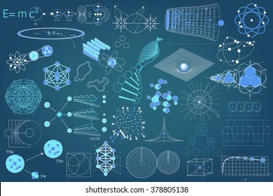 Collection of elements, symbols and schemes of physics, chemistry and sacred geometry. The science theme. 