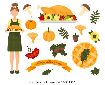 collection of elements for thanksgiving. Autumn set. Vector illustration. cartoon style. Icons isolated on white.