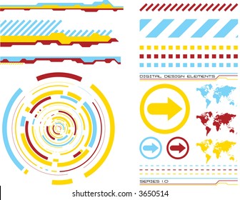 A collection of elements that could be used to make up a design from a series of five variations