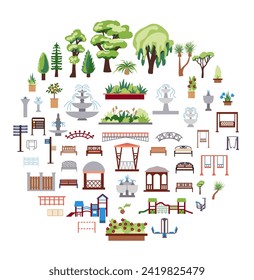 Collection of elements of urban and park infrastructure with icons of lanterns, children's slides and gazebos. Set of flat-style illustrations for the design of maps and drawings of urban life.