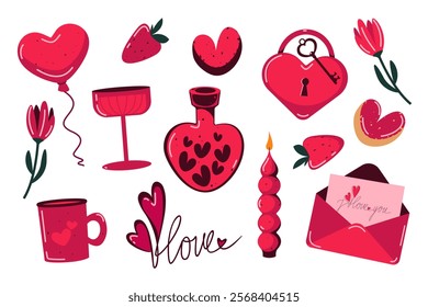 Collection of elements for Valentine's Day. Air heart, love potion, envelope. Vector illustration.