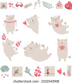 Collection of elements for valentine's day. Cute cats are angels, hearts, gifts, flowers, champagne. Children's illustration and characters for postcards